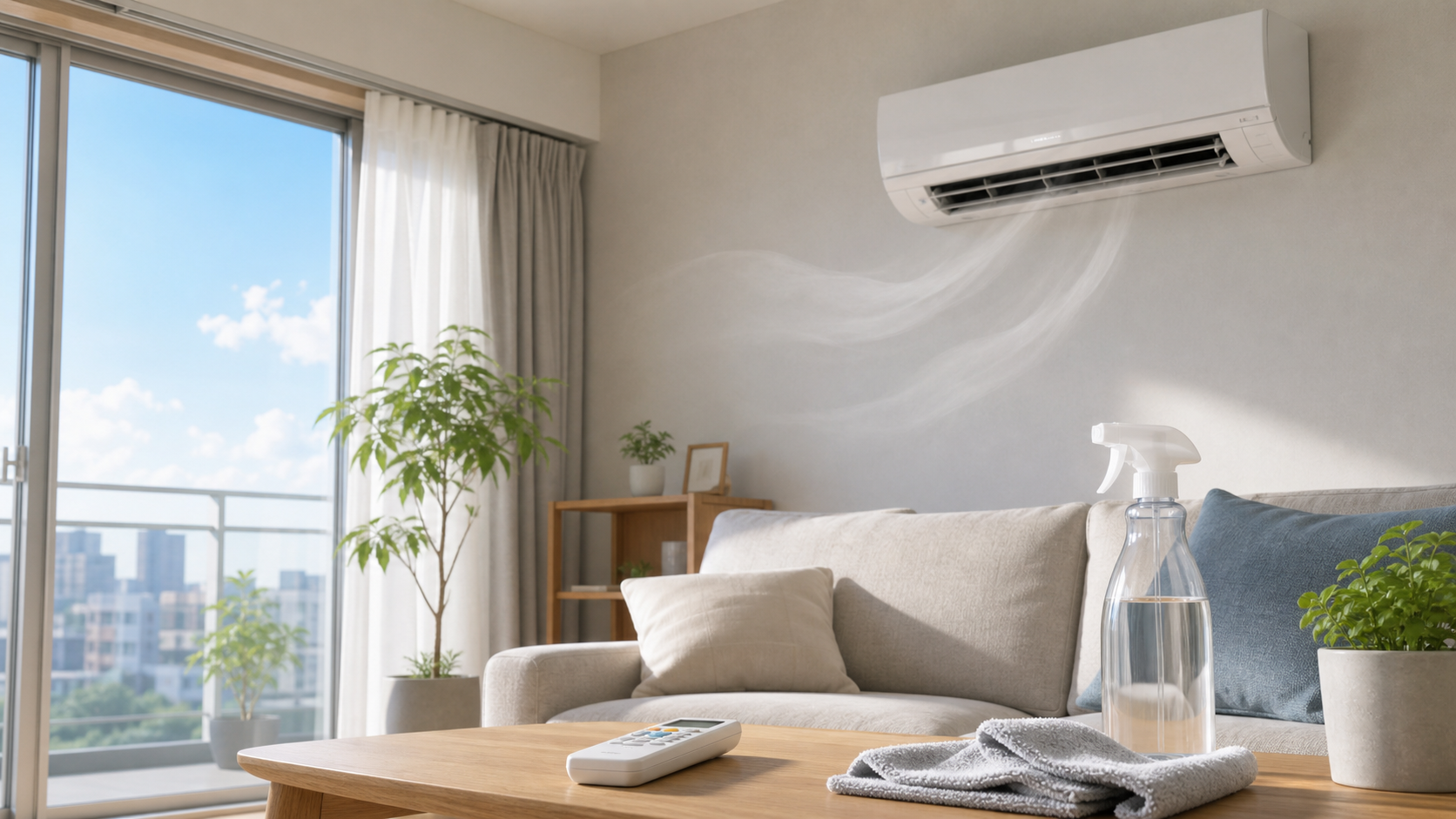 カビ臭いエアコンに困って換気とフィルター掃除を確認する部屋のイメージ