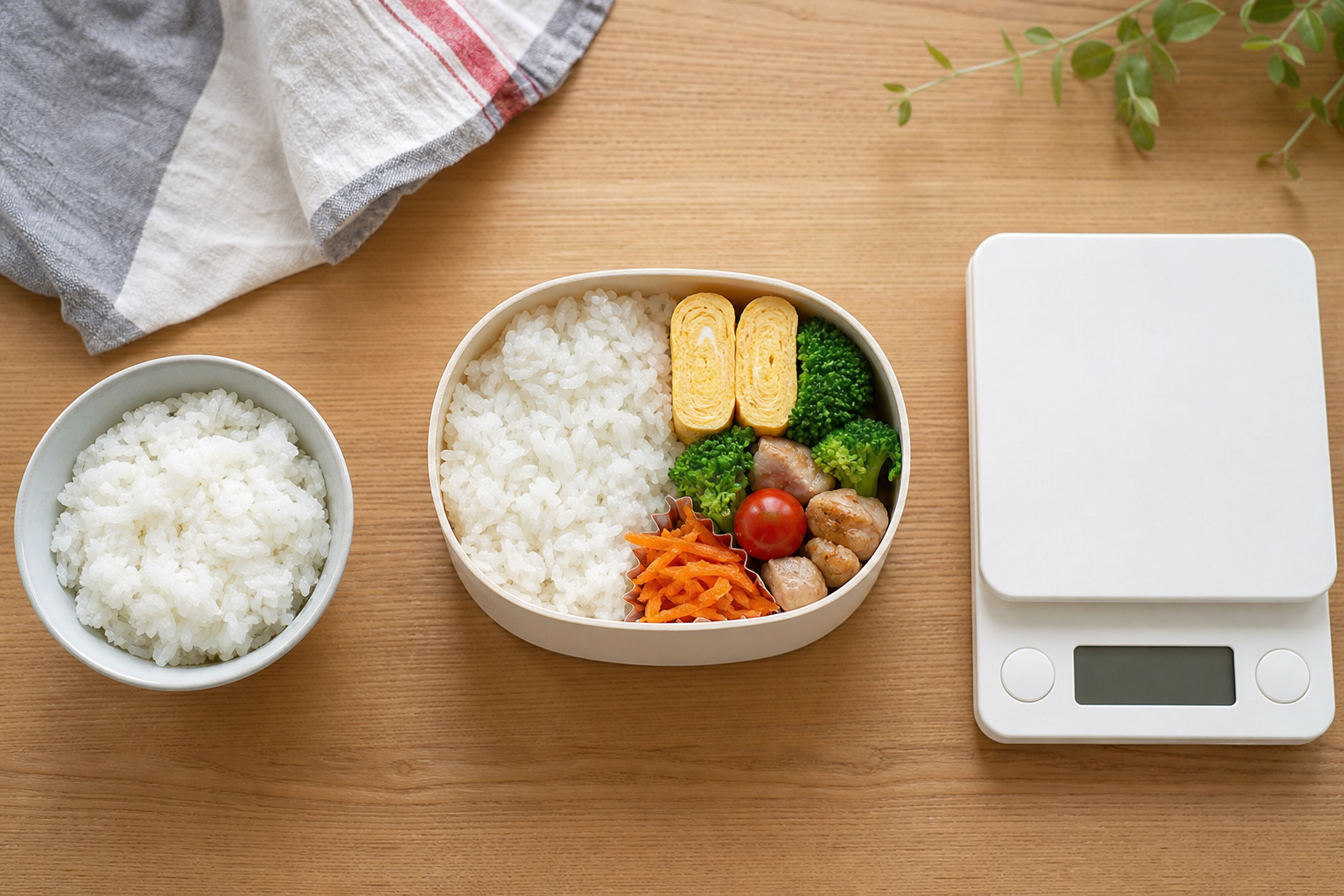 600mlのお弁当箱にご飯を詰めてキッチンスケールで量る準備