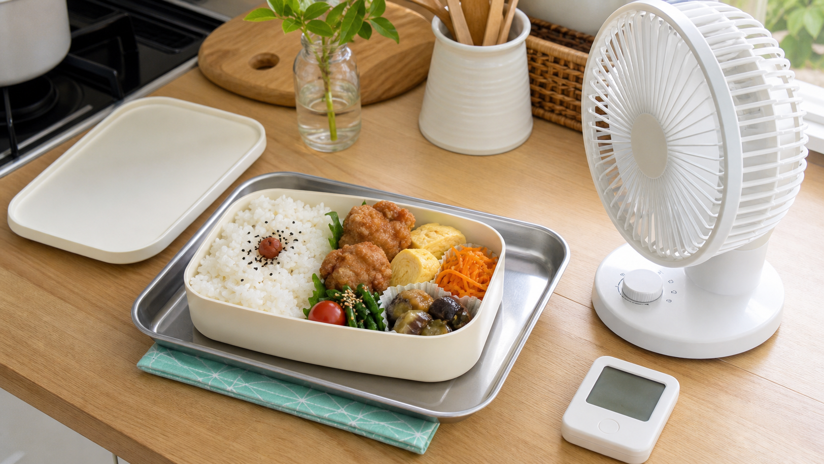 ふたを開けたお弁当を扇風機と金属トレーで冷ましている朝の台所
