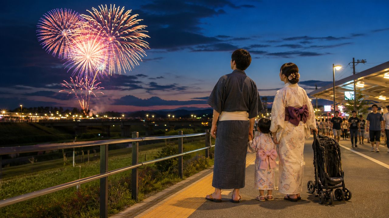 子連れで花火大会へ行き、ベビーカーと帰り方を確認する家族