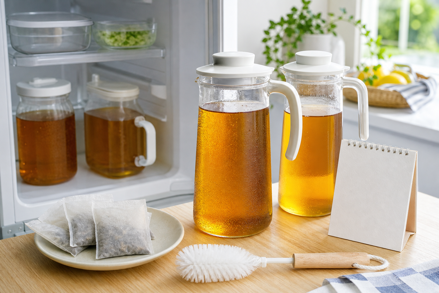 冷蔵庫で麦茶を保存するキッチンのイメージ