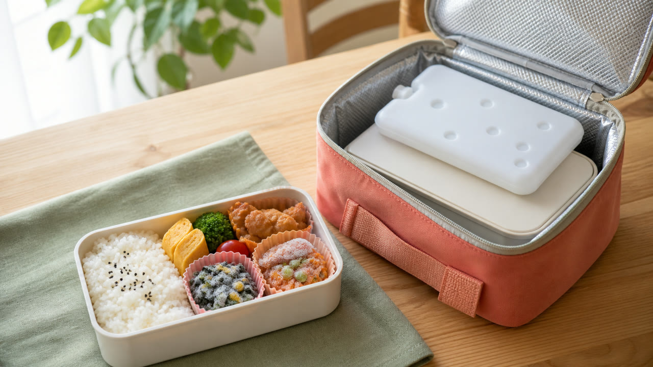 自然解凍対応の冷凍おかずと別の保冷剤を用意したお弁当