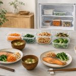 二人分の夕食と作り置きの保存容器を並べた食卓のイラスト