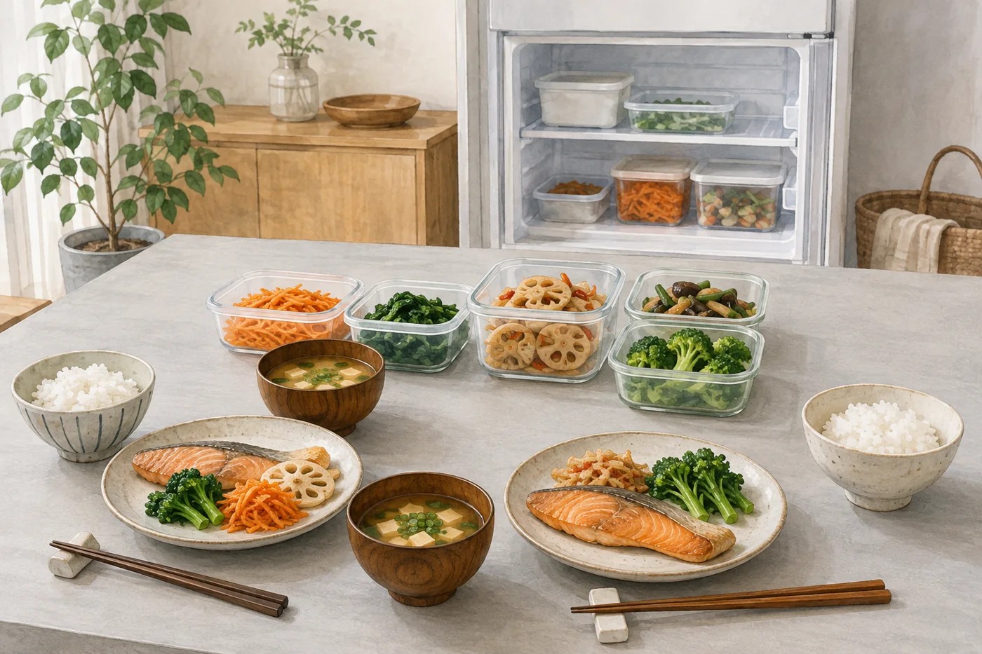 二人分の夕食と作り置きの保存容器を並べた食卓のイラスト